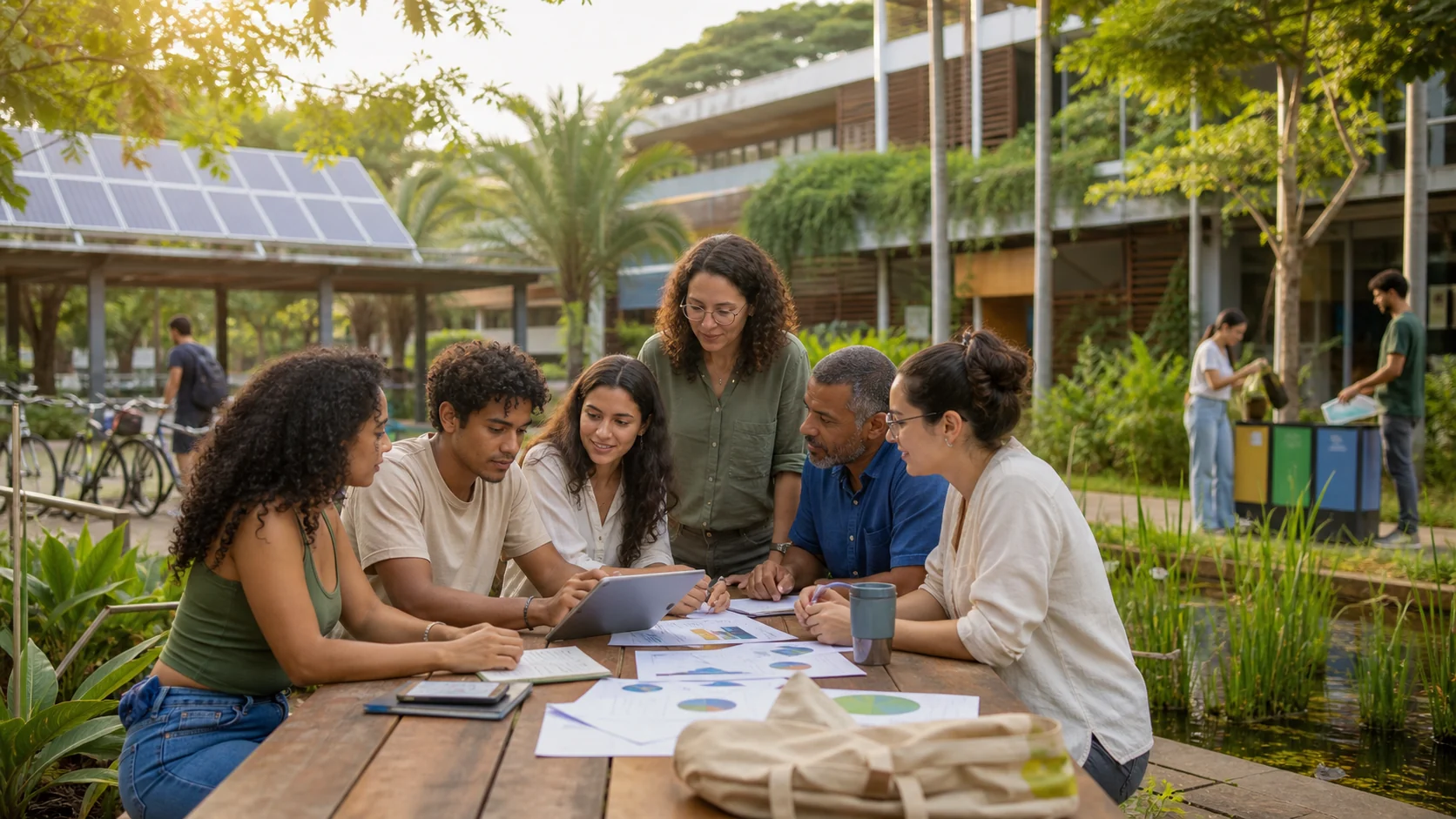 Estudantes, docentes e equipe administrativa analisam indicadores de sustentabilidade em um campus arborizado